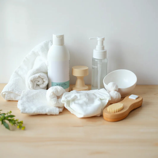 מוצרי טיפול לתינוקות באיכות גבוהה מסודרים על משטח עץ בהיר, כולל קרם, שמפו ומגבת רכה.