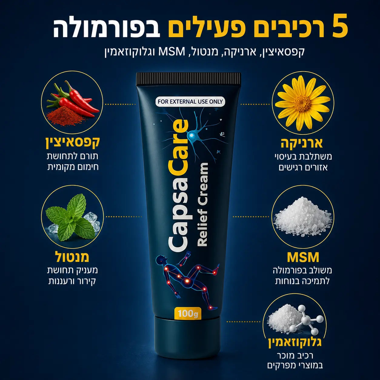 +CapsaCare משחה טבעית לשחרור מהיר של כאבי שרירים ומפרקים
