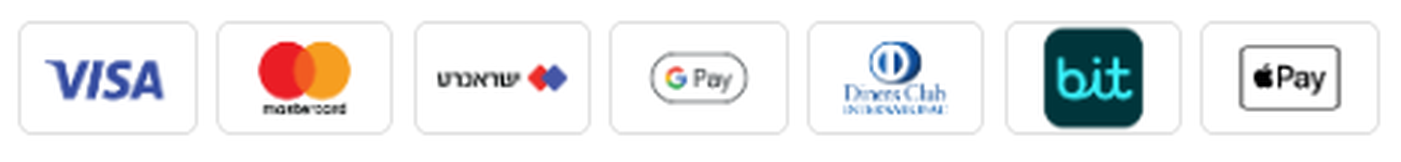 Visa, Mastercard, ישראכרט, Google Pay, Diners Club, bit ו-Apple Pay